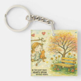 Llavero Whimsical Girl and Orange Cat Garden Keychain