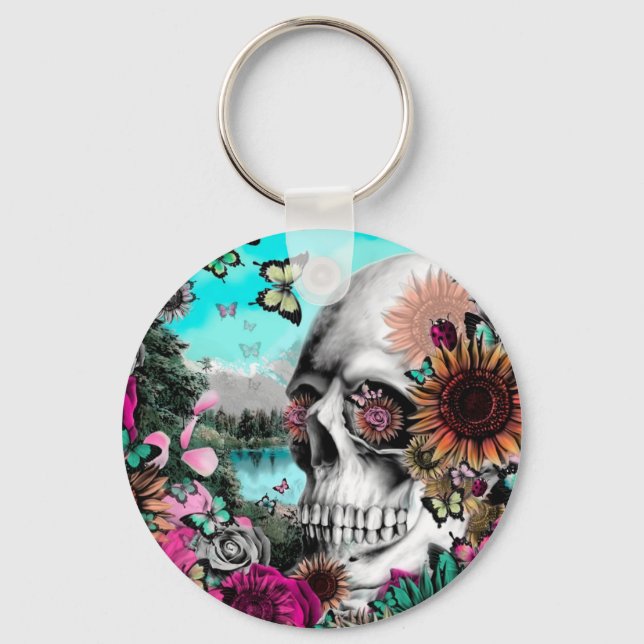 Llavero Whimsical Landscape skull with florals (Anverso)