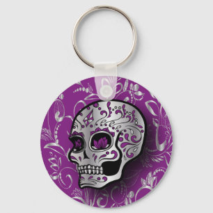 Llavero Whimsical Purple and Silver Sugar Skull