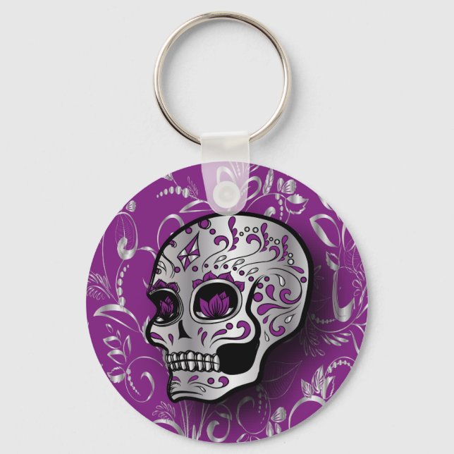 Llavero Whimsical Purple and Silver Sugar Skull (Anverso)