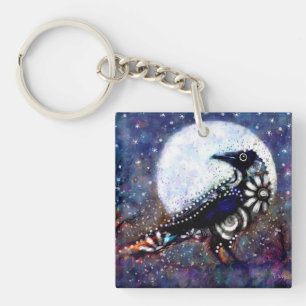 Llavero Whimsical Raven Moon Floral Azul Blanco Negro