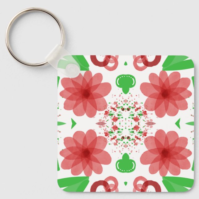 Llavero Whimsical Red Flowers Green Leaves On White Art (Anverso)