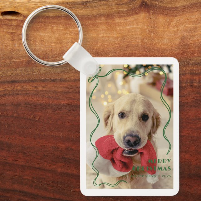 Llavero Whimsical Red Ribbon Mascota Foto Feliz Navidad (Anverso)