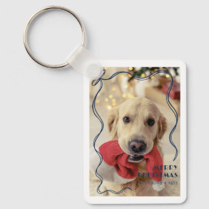 Llavero Whimsical Red Ribbon Mascota Foto Feliz Navidad