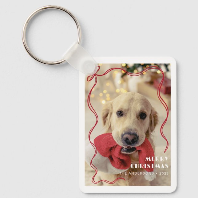Llavero Whimsical Red Ribbon Mascota Foto Feliz Navidad (Anverso)