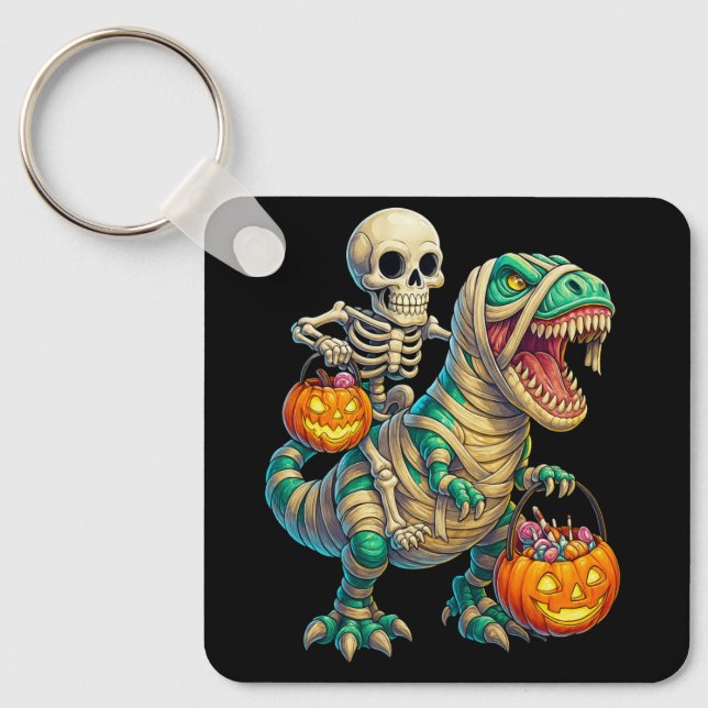Llavero Whimsical Skeleton Riding Mummy T-Rex Halloween (Anverso)