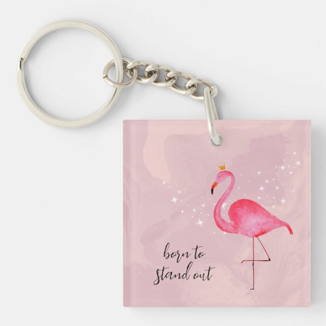 Llavero Whimsical Watercolor Pink Flamingo Keychain (Frente)
