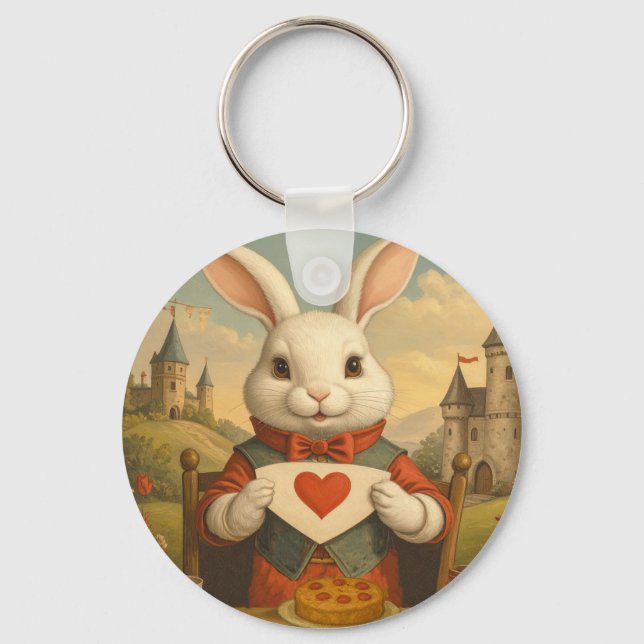 Llavero Whimsical White Rabbit Hearts Enchanted Wonderland (Anverso)