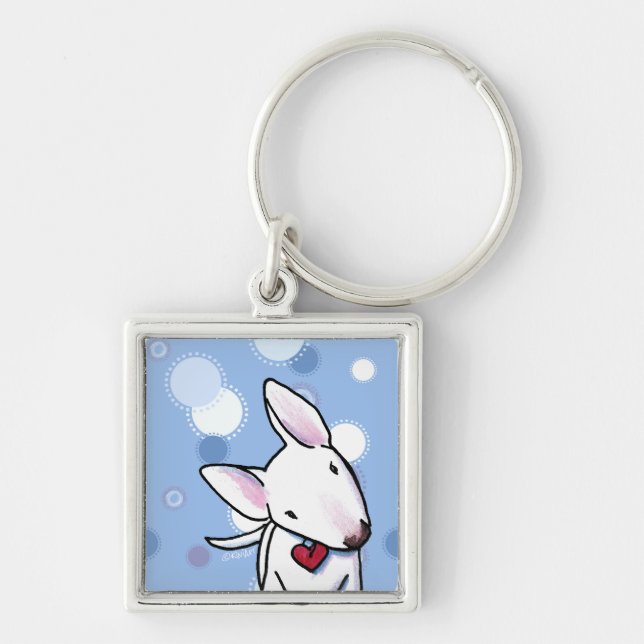 Llavero White Bull Terrier on Blue Dots Keychain (Frente)