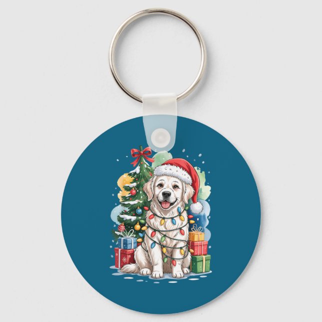 Llavero White English Golden Retriever Santa Hat Christmas (Anverso)