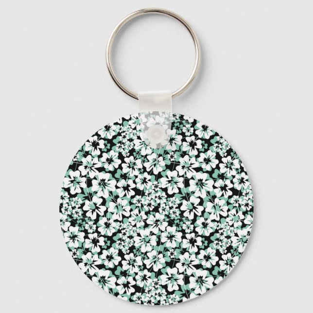 Llavero White, turquoise flowers on black. (Anverso)