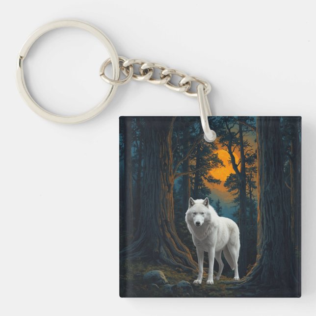 Llavero Wild White Wolf Under Moonlight Forest Animal (Frente)