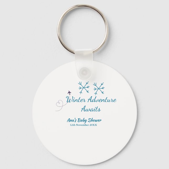 Llavero Winter Adventure awaits baby shower blue snowflake (Anverso)