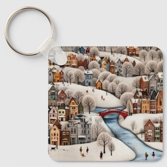Llavero Winter Village Scene Cozy Snowy Town  (Anverso)