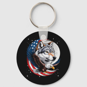 Llavero Wolf Bald Eagle Bandera Estadounidense Luna Llena 