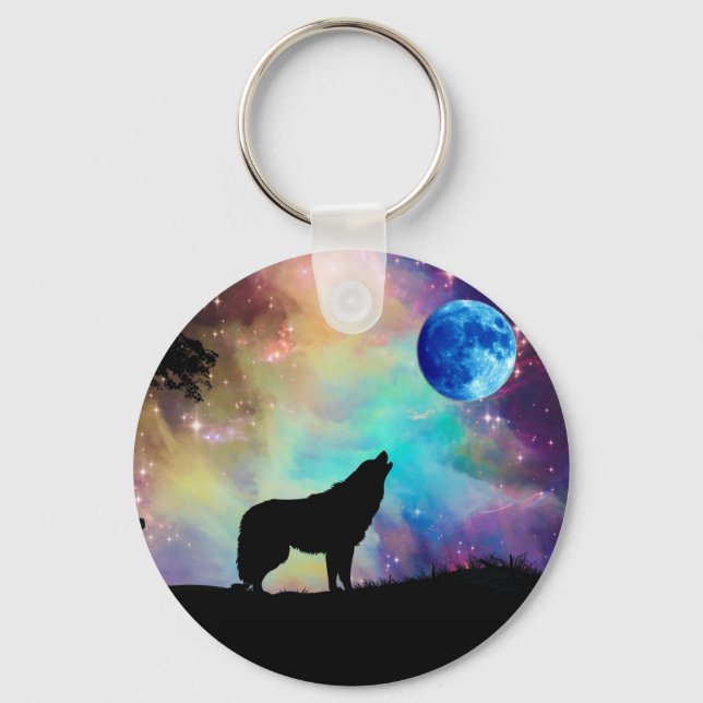 Llavero Wolf Howling at the Moon Galaxy Stars Animal (Anverso)