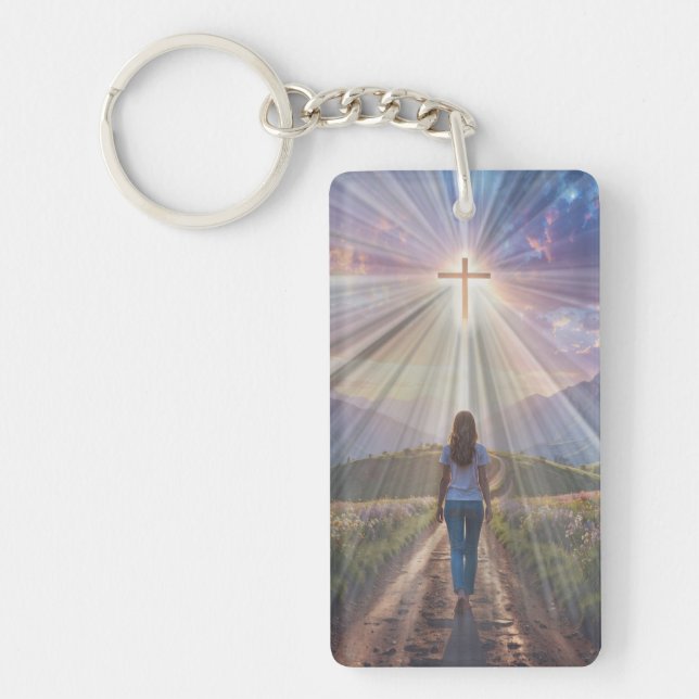 Llavero Woman Walking Toward Glowing Cross – Faith Journey (Frente)