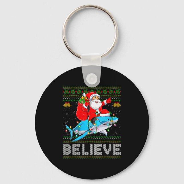 Llavero Womens Believe Xmas Funny Santa Riding Shark Ugly  (Anverso)