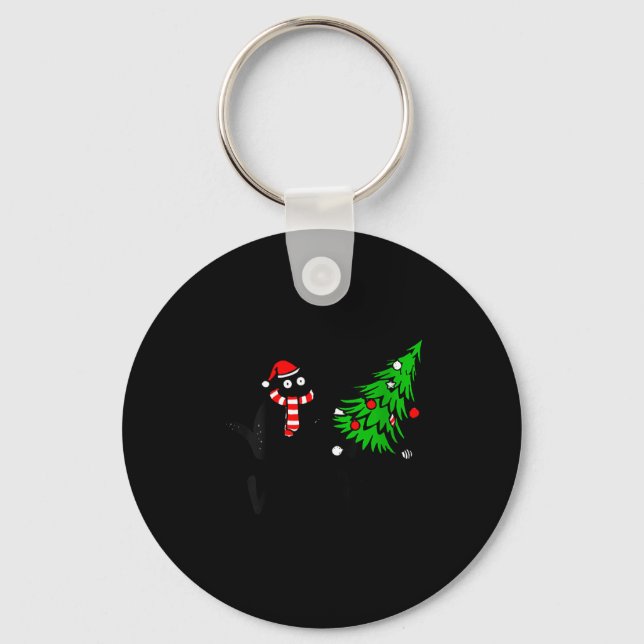 Llavero Womens Funny Black Cat Gift Pushing Christmas Tree (Anverso)