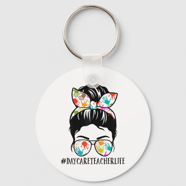 Llavero Womens Nn Daycare Teacher Life Messy Bun Mom Woman (Anverso)