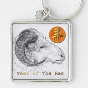 Llavero Wood Chinese Ram Year Zodiac Keychain Metalizado