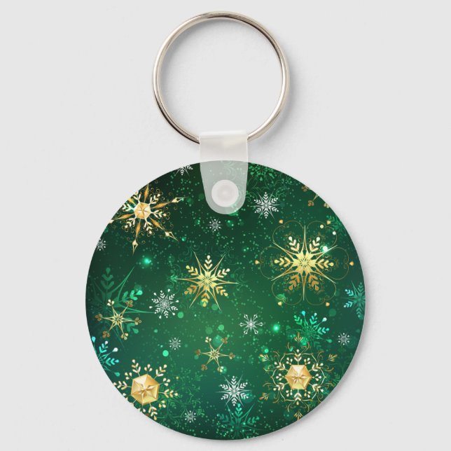 Llavero Xmas copos de nieve dorados sobre fondo verde (Anverso)