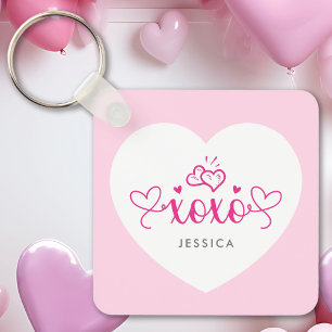 Llavero XOXO Texto Personalizado Foto Corazones Rosados Li