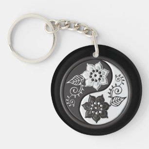 Llavero Yin Yang Floral Negro y Plateado