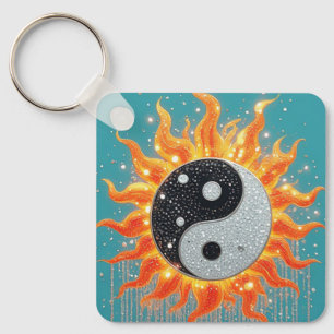 Llavero Yin Yang Naranja Con Detalles Radiantes Dorados