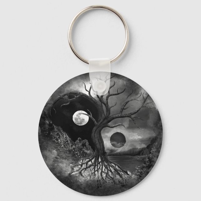 Llavero Yin Yang Tree Landscape Black and White (Anverso)