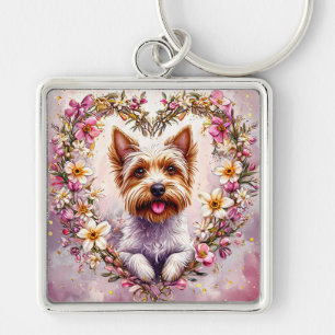 Llavero Yorkie Adorable Rodeado de Corona Floral