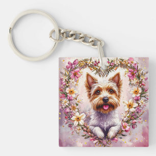 Llavero Yorkie Adorable Rodeado de Corona Floral