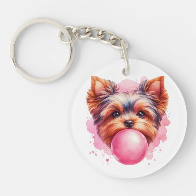 Llavero Yorkshire Terrier Dog w Pink Bubblegum Watercolor (Frente)