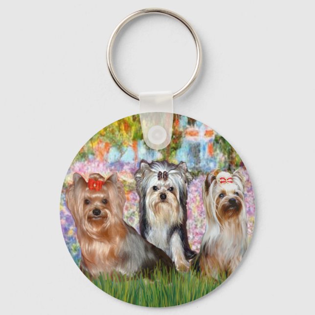 Llavero Yorkshire Terriers (tres) - Jardín (Anverso)