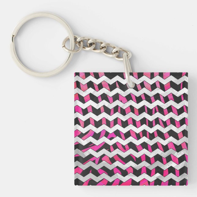 Llavero Zebra Chevron negro y rosa caliente (Frente)