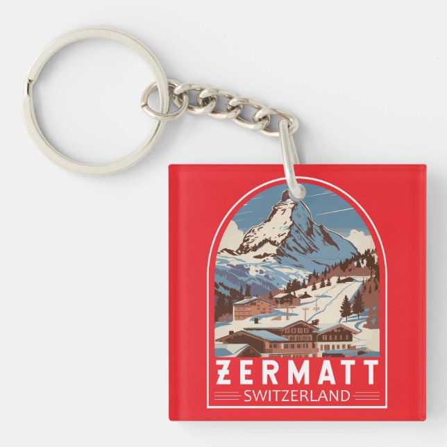 Llavero Zermatt Suiza Ilustracion Viaje Retro (Frente)