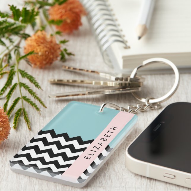 Llavero Zigzag negro y blanco, chevron, azul, tu nombre (Frente Derecha)