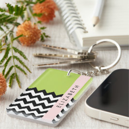 Llavero Zigzag negro y blanco, chevron, verde, tu nombre
