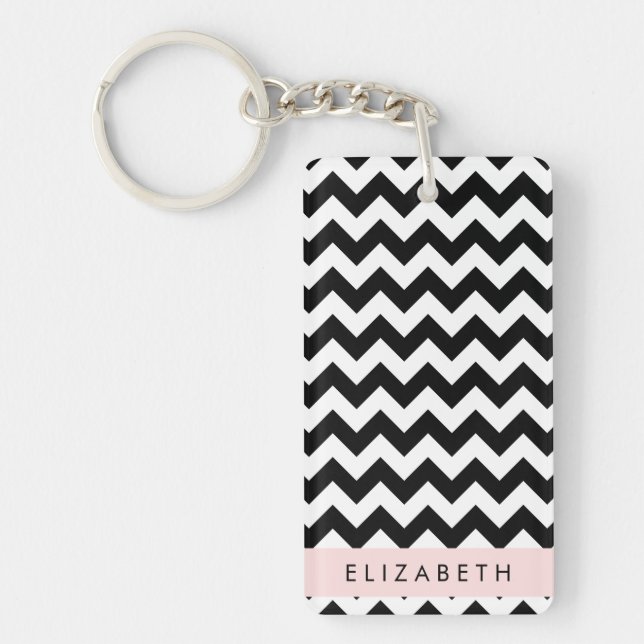 Llavero Zigzag negro y blanco, patrón de cheurón, nombre (Frente)