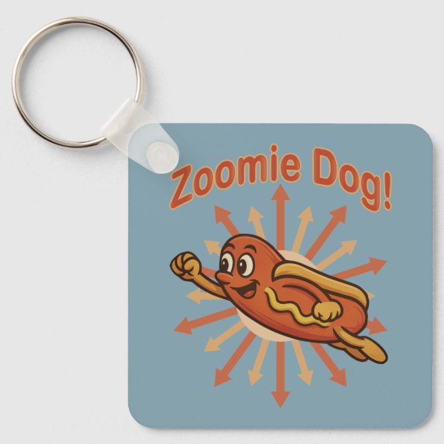 Llavero Zoomie Dog Flying Hot Dog Personalizado - Fun Retr (Anverso)