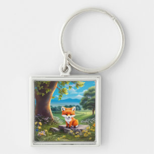 Llavero Zorro Adorable Sentado Bajo Árbol