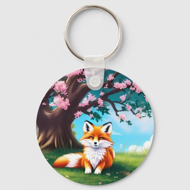 Llavero Zorro Adorable Sentado Bajo El Árbol-68563 (Anverso)