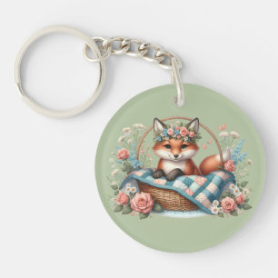 Llavero Zorro Floral en Cesta con Colcha y Flores