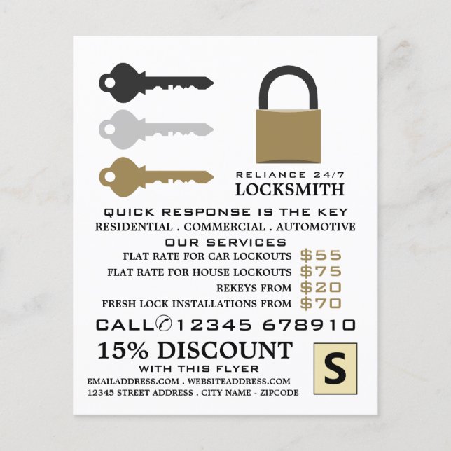 Llaves y padlock, volante publicitario de locksmit (Frente)