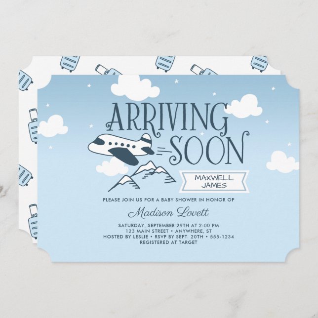 Llegando pronto: Invitación de Baby Shower al avió (Anverso / Reverso)