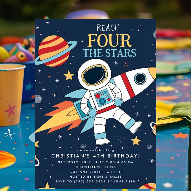 Llegar a la invitación de cumpleaños espacial Four (Subido por el creador)