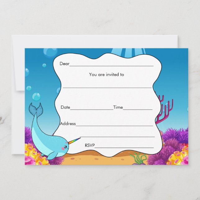 Llena de invitación en blanco narwahal bajo el mar (Anverso)