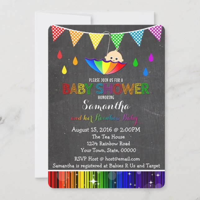 Llover la invitación de Baby Shower del arco iris (Anverso)