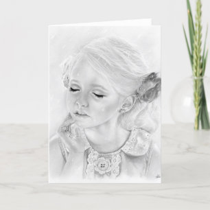 Llueve niña pequeña con tarjeta de saludo de lluvi