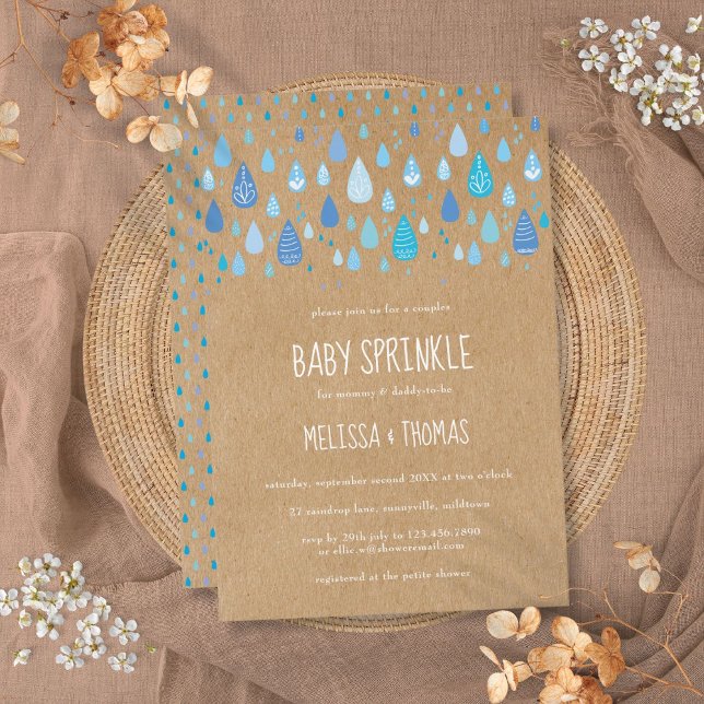 Lluvia Azul Bonita Invitación para Baby Shower de  (Cute Blue Raindrops Couples Baby Shower Sprinkle Invitation)